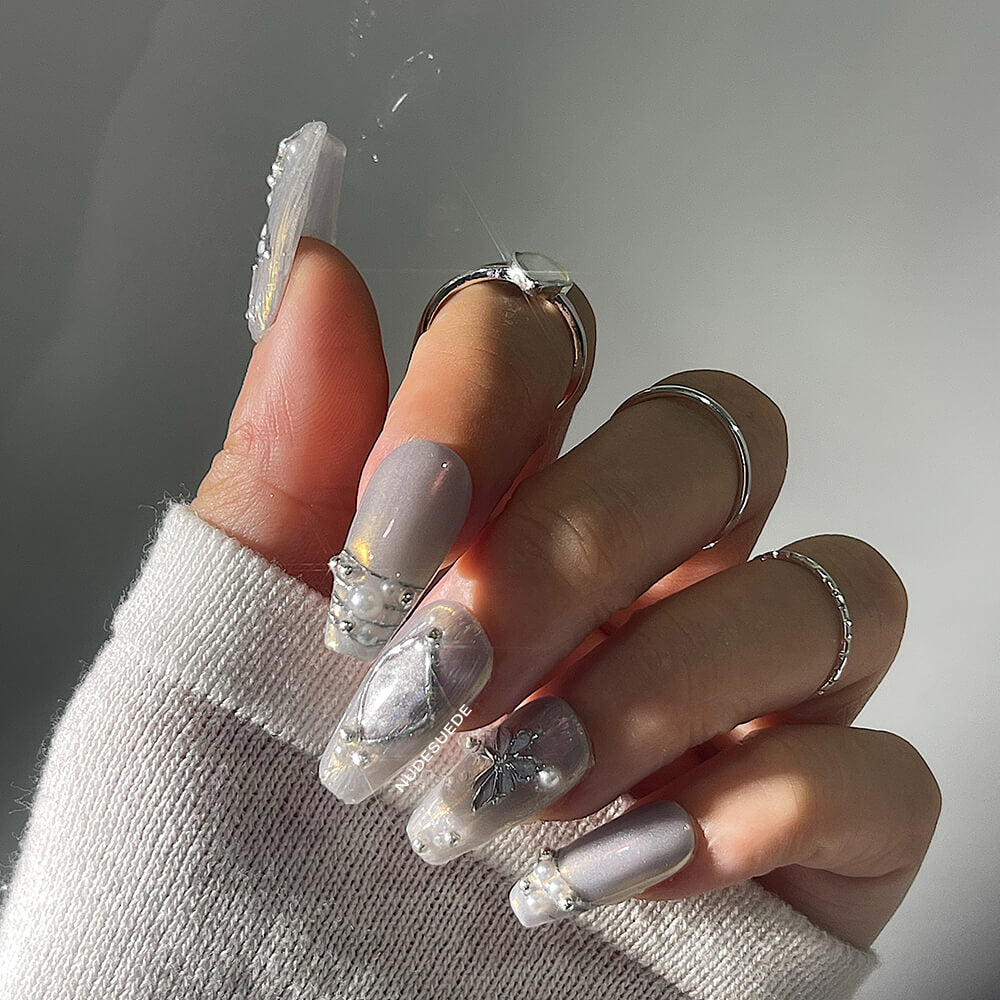 Lilac Butterfly Medium Coffin Press On Fake Nails