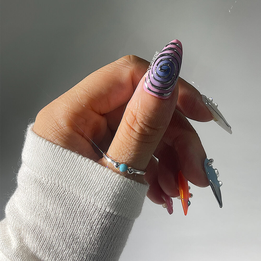 Swirl Medium Almond Press On Fake Nails With Beads