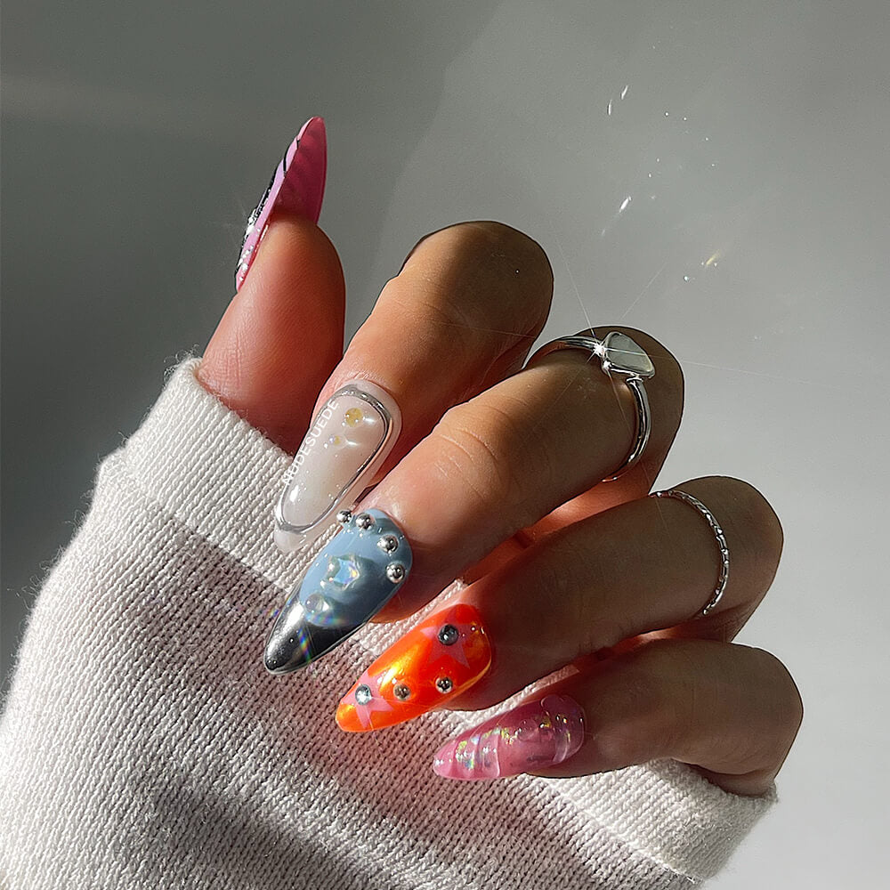Swirl Medium Almond Press On Fake Nails With Beads