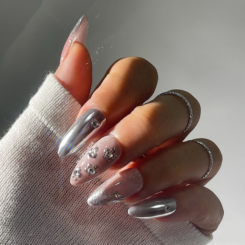 Pink Silver Medium Almond Press On Fake Nails