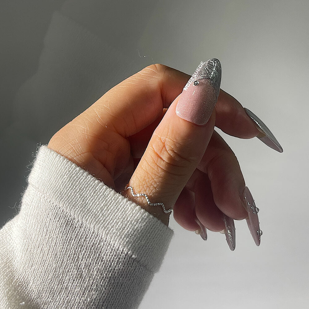 Pink Silver Medium Almond Press On Fake Nails