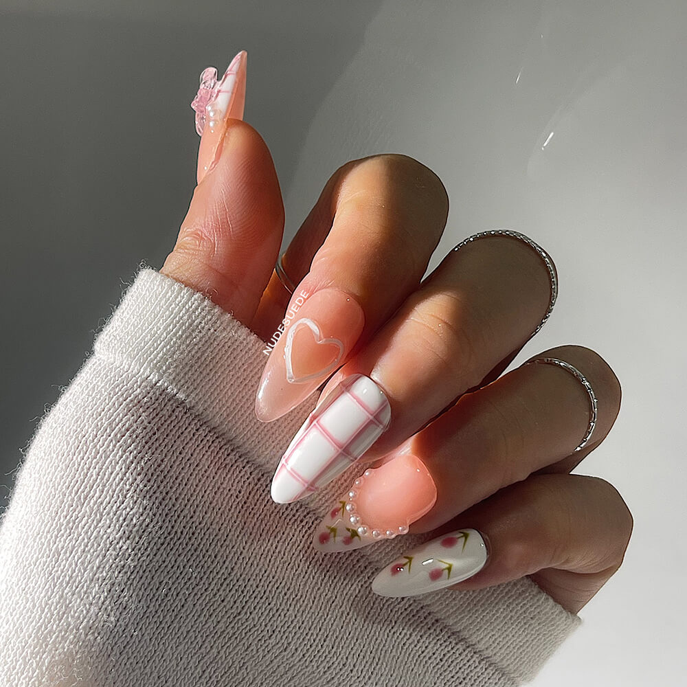 Pink Tulip French Medium Almond Press On Fake Nails