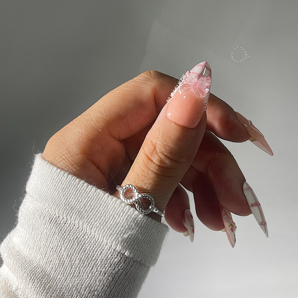 Pink Tulip French Medium Almond Press On Fake Nails