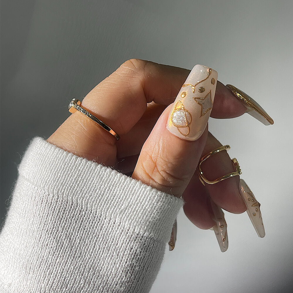 Star-Moon-Sun Medium Coffin Press On Fake Nails