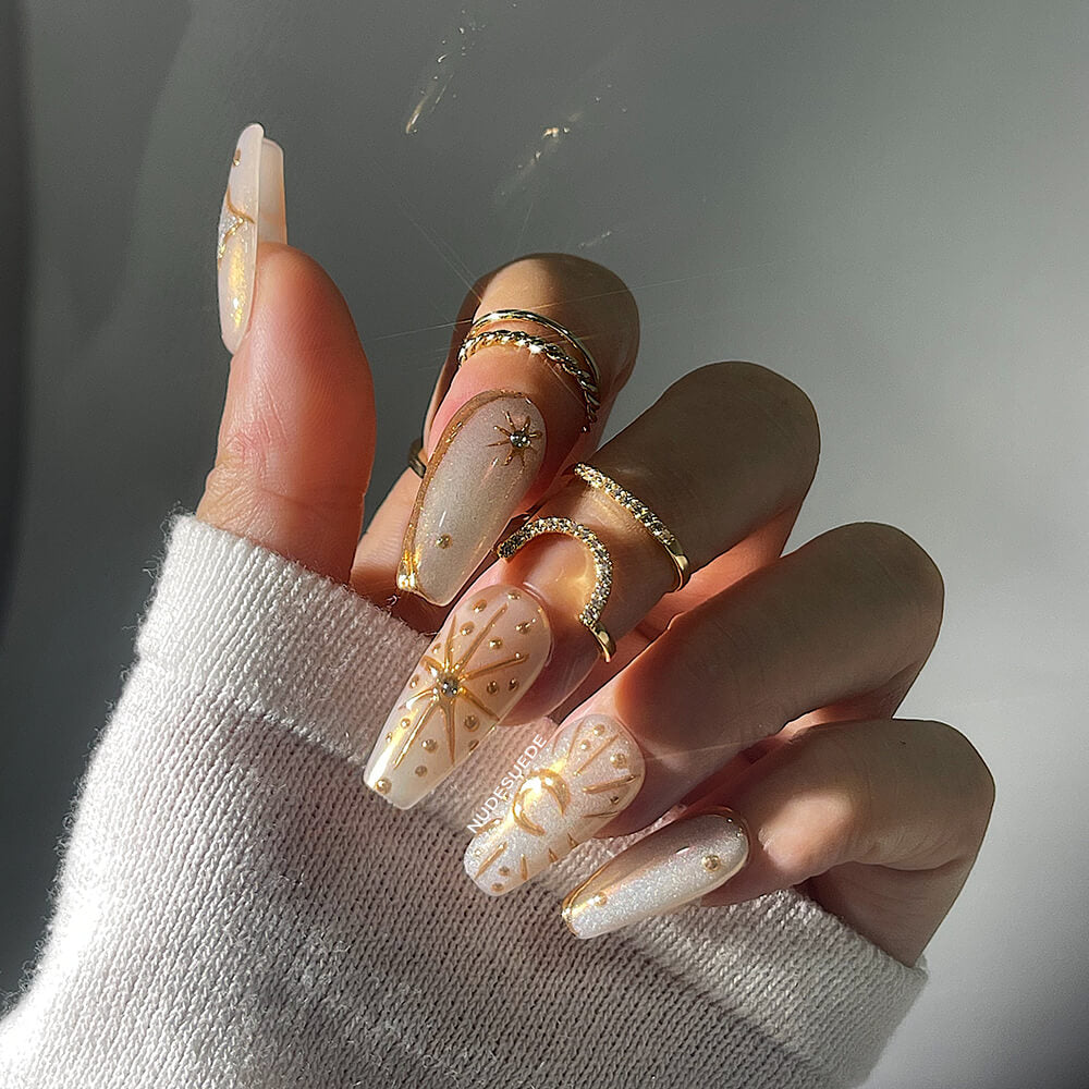 Star-Moon-Sun Medium Coffin Press On Fake Nails
