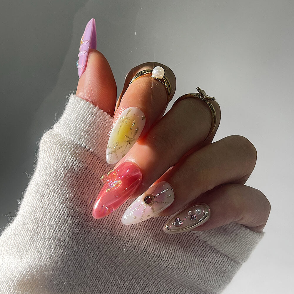 Beach Medium Almond Press On Nails With Beads