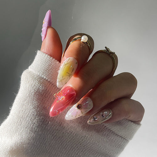 Beach Medium Almond Press On Nails With Beads