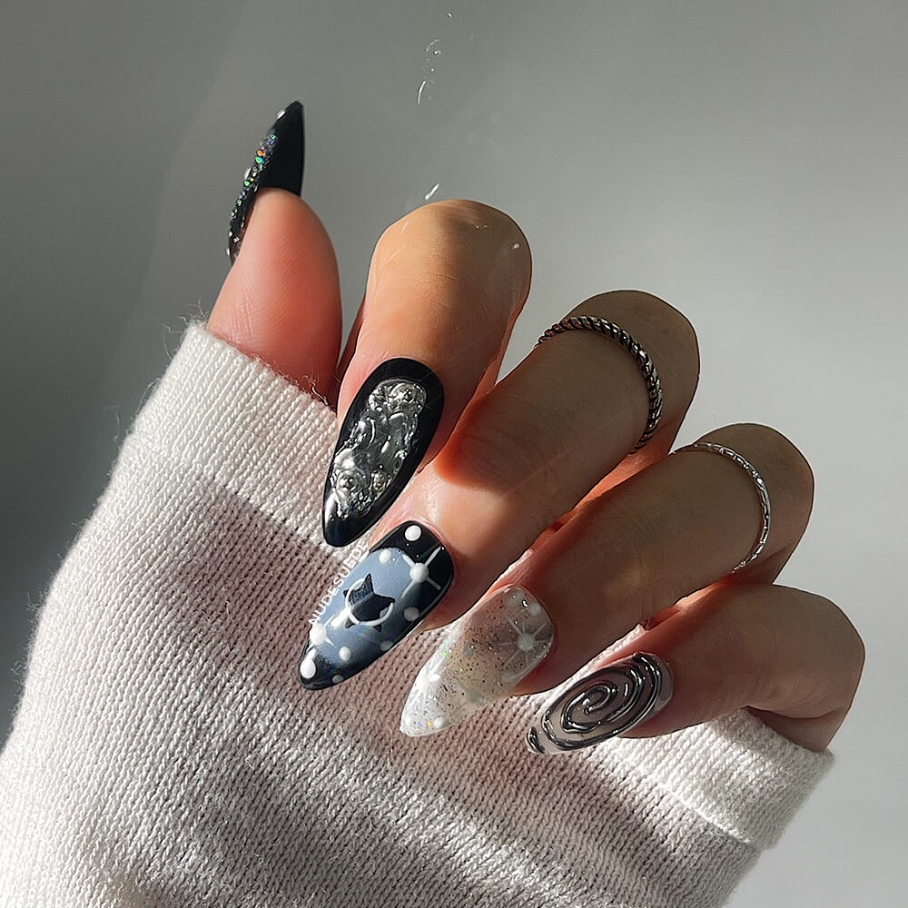 Galaxy Medium Almond Press On Nails With Pearls