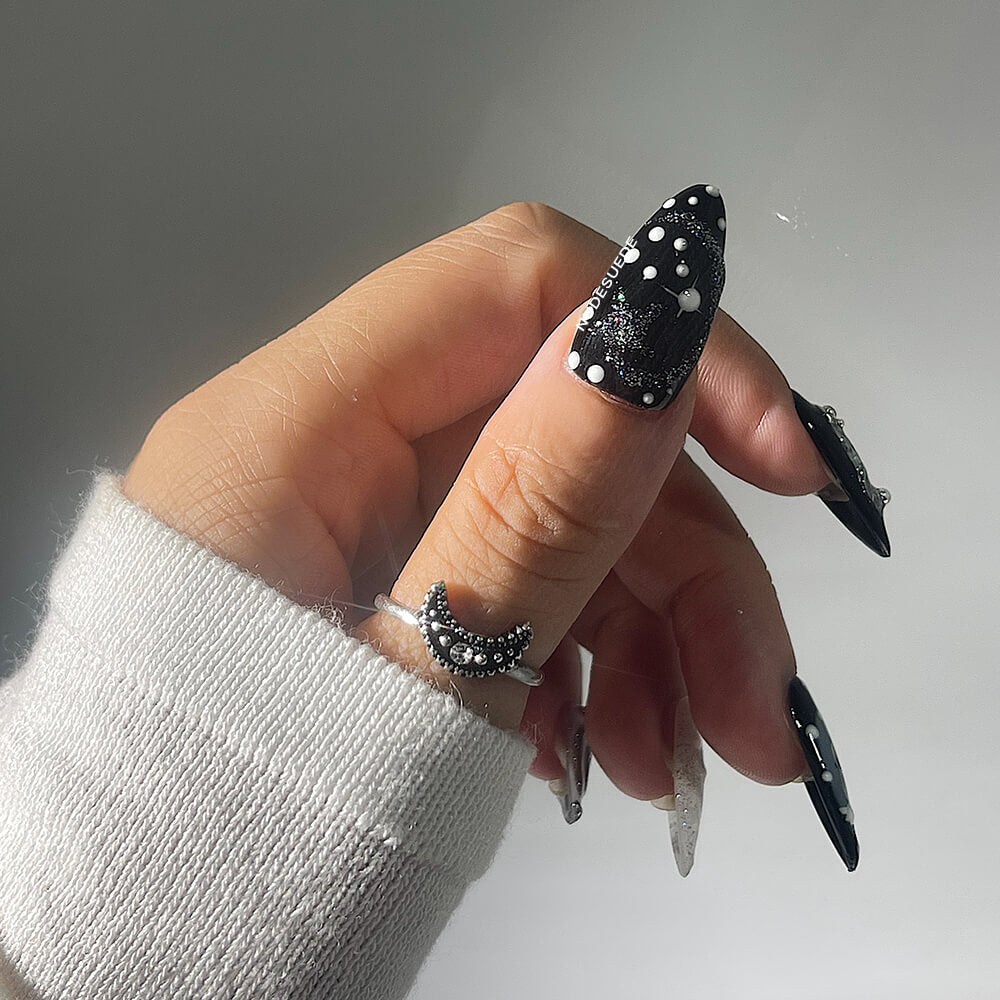 Galaxy Medium Almond Press On Nails With Pearls