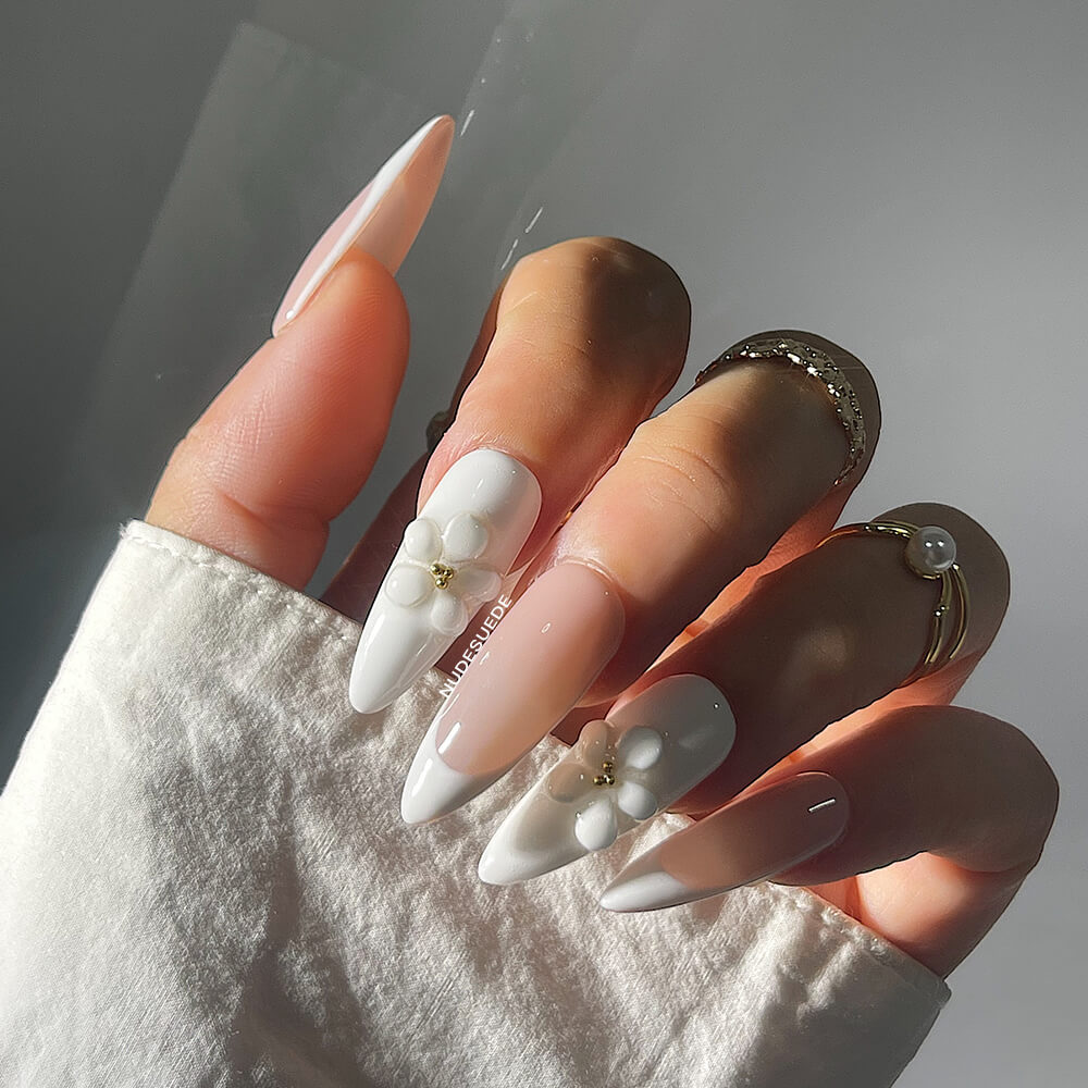 White Daisy French Long Almond Press On Manicure Nails