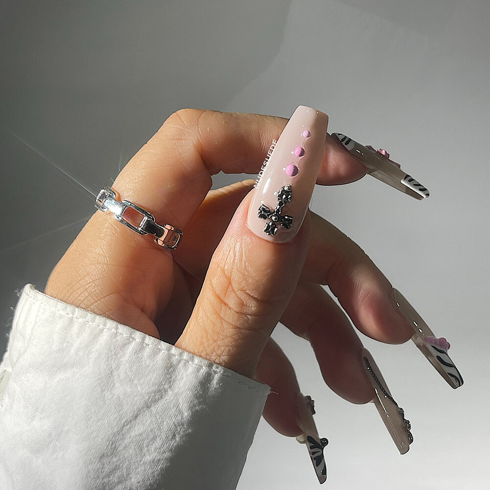 Zebra Chrome Long Coffin Press On Manicure Nails