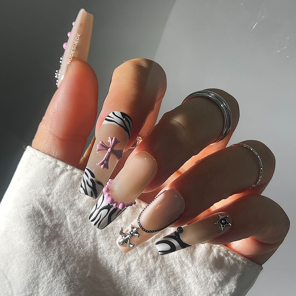 Zebra Chrome Long Coffin Press On Manicure Nails