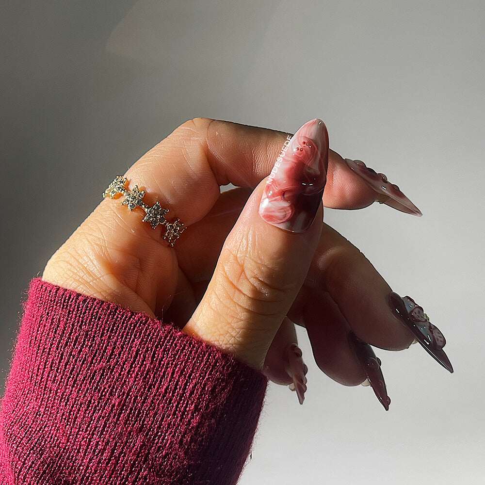 Burgundy Blossom Medium Almond Press On Manicure Nails