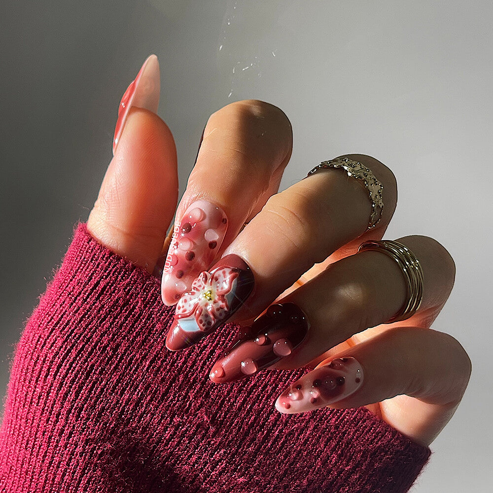 Burgundy Blossom Medium Almond Press On Manicure Nails