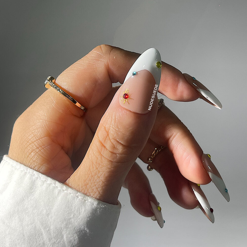 Sun Medium Almond Press On Nails With Beads