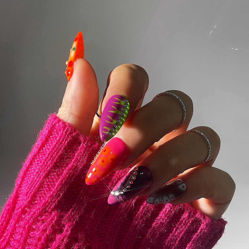 Snake Skin Medium Almond Press On Nails With Rhinestones