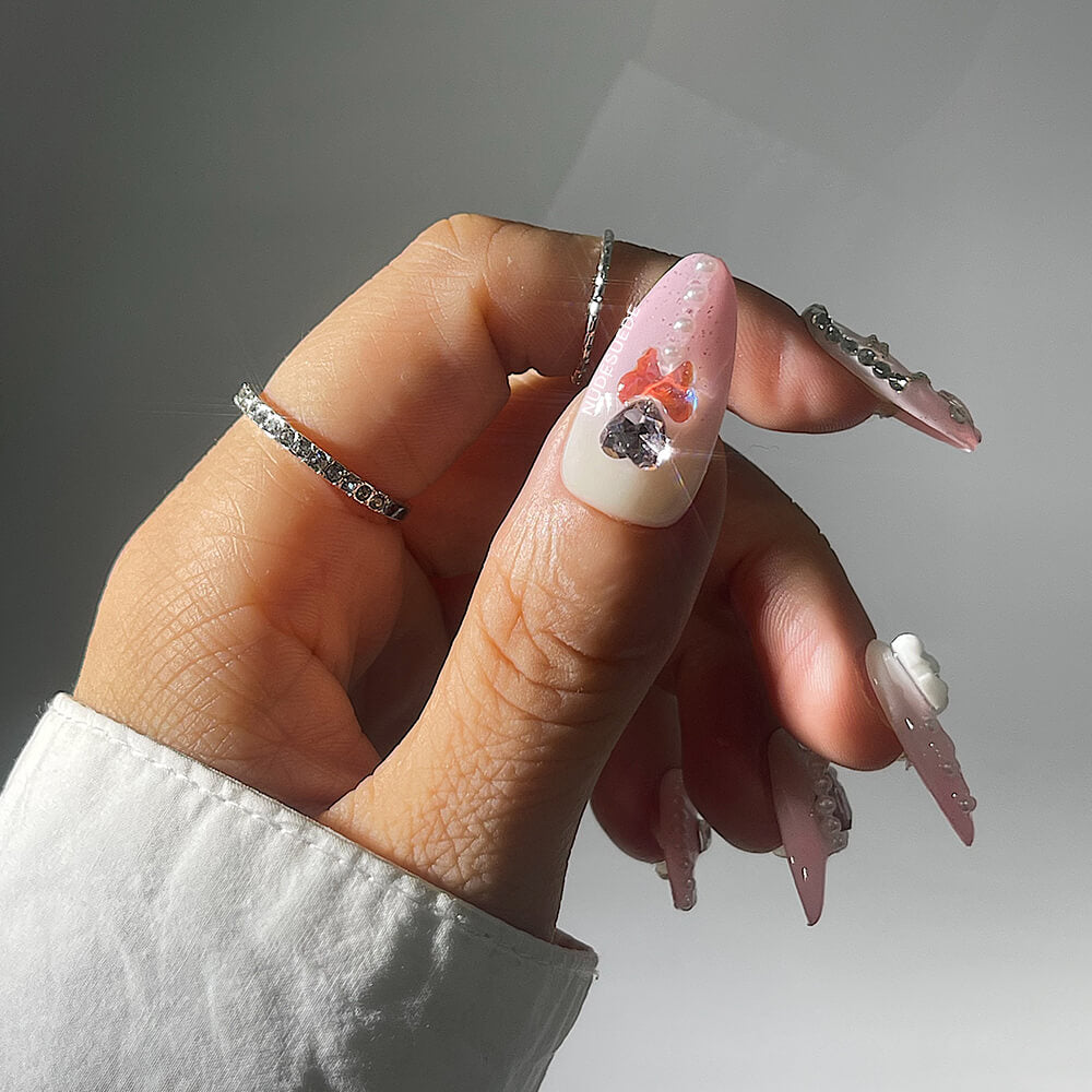 Ombre Butterfly & Heart Medium Almond Press On Nails With Rhinestones