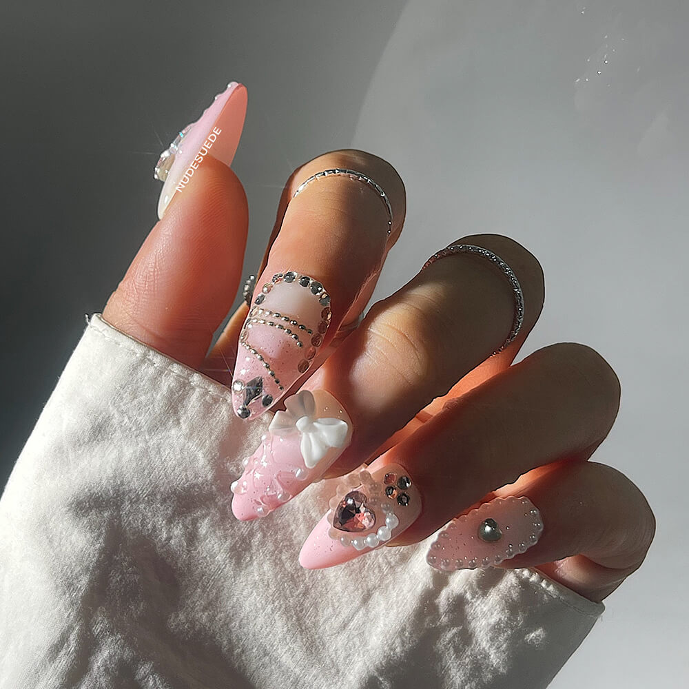 Ombre Butterfly & Heart Medium Almond Press On Nails With Rhinestones