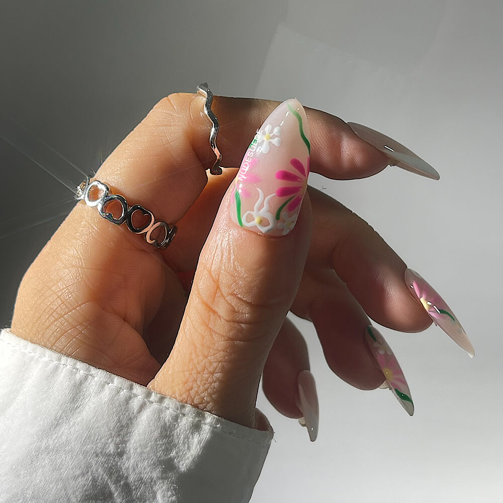 Spring Petals French Medium Almond Press On Nails
