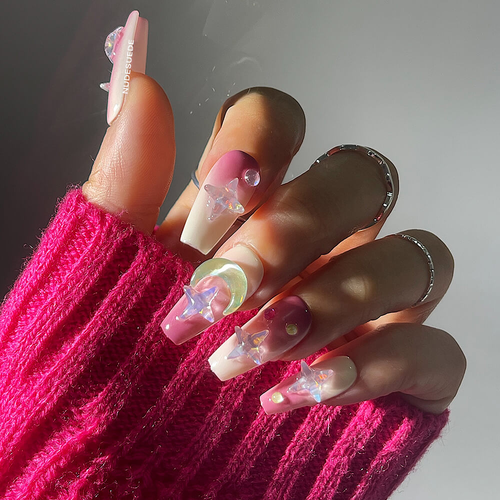 Ombre Star & Moon Mid Coffin Press On Nails
