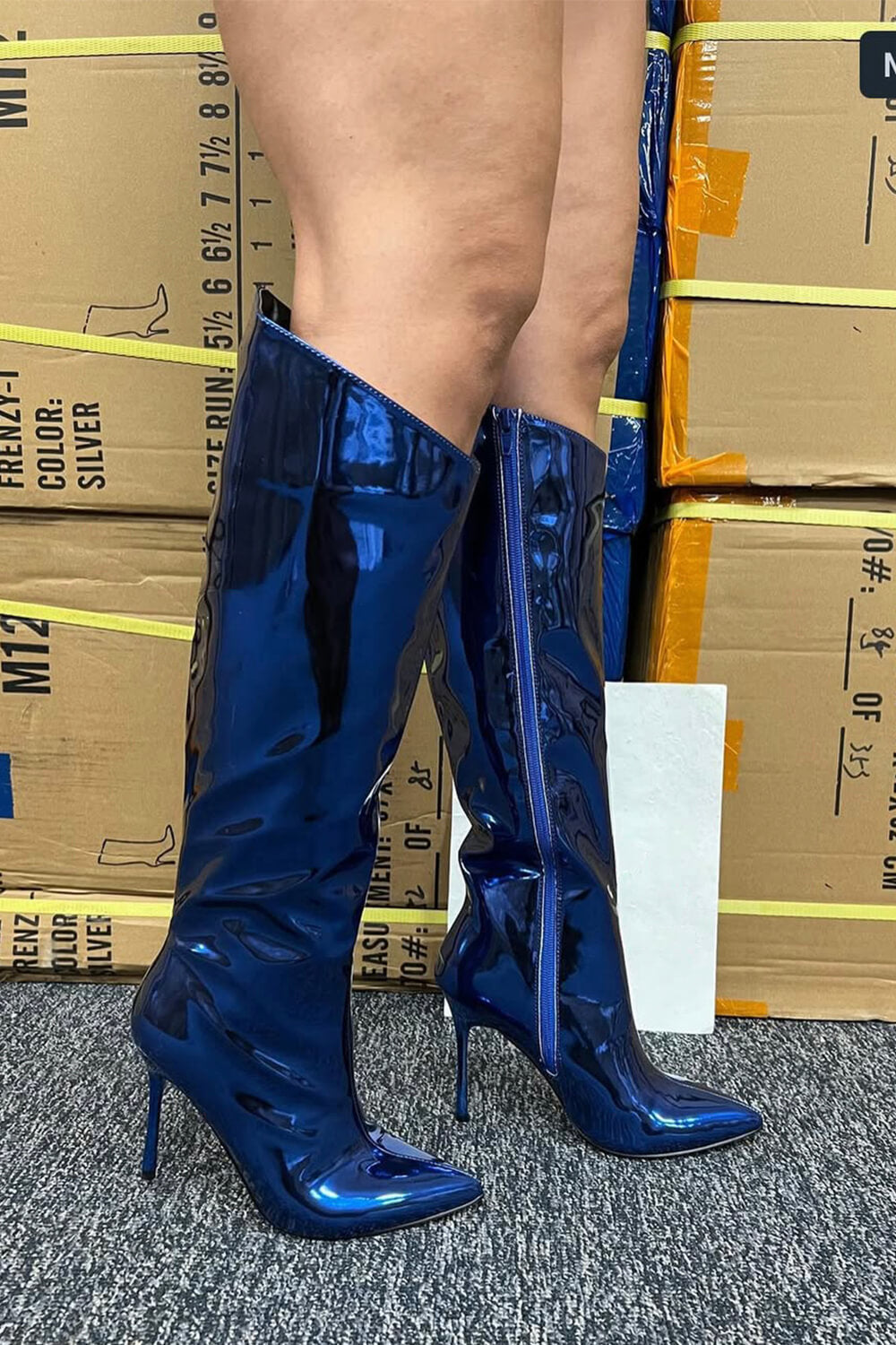 Metallic Finish Knee-High Pointed Toe Stiletto Boots - Dark Blue