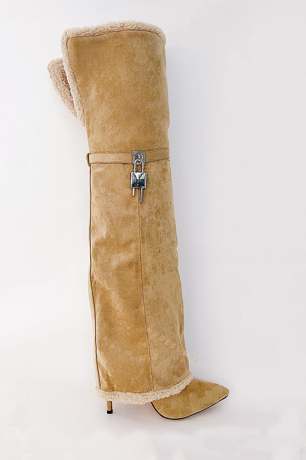 Metal Lock Suede Over-The-Knee Stiletto Boots -
