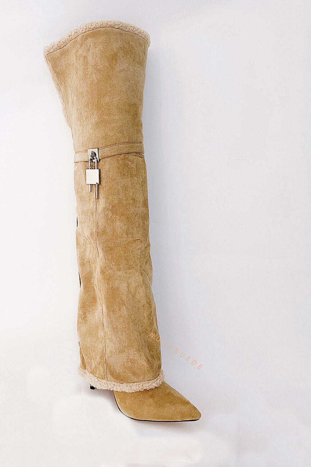 Metal Lock Suede Over-The-Knee Stiletto Boots -