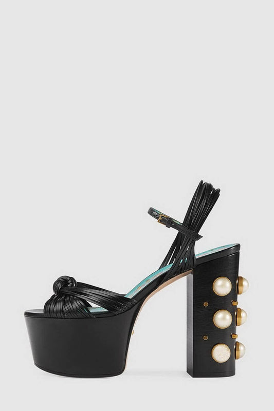 Knotted Strap Platform Sandals With Faux Pearls - Black