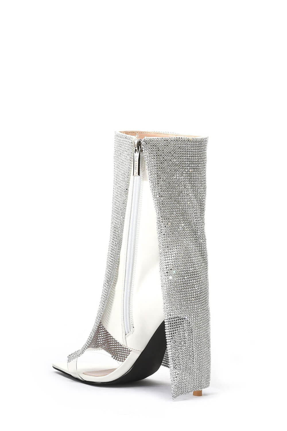 Rhinestone Mesh Overlay Open Pointed Toe Pvc Stiletto Boots - White