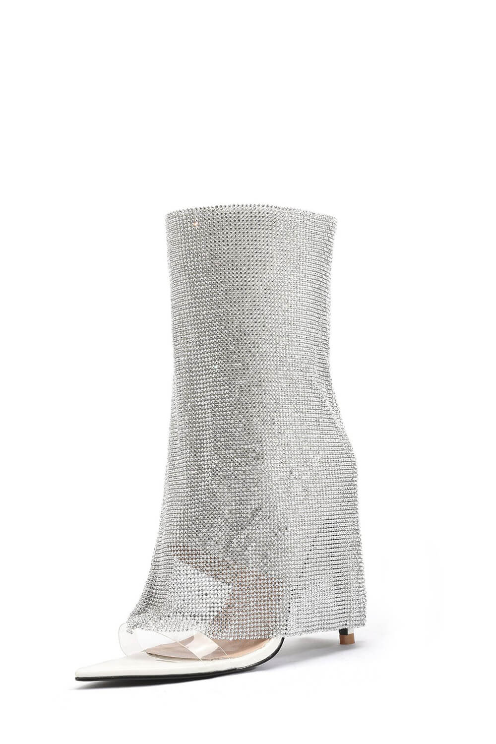 Rhinestone Mesh Overlay Open Pointed Toe Pvc Stiletto Boots - White
