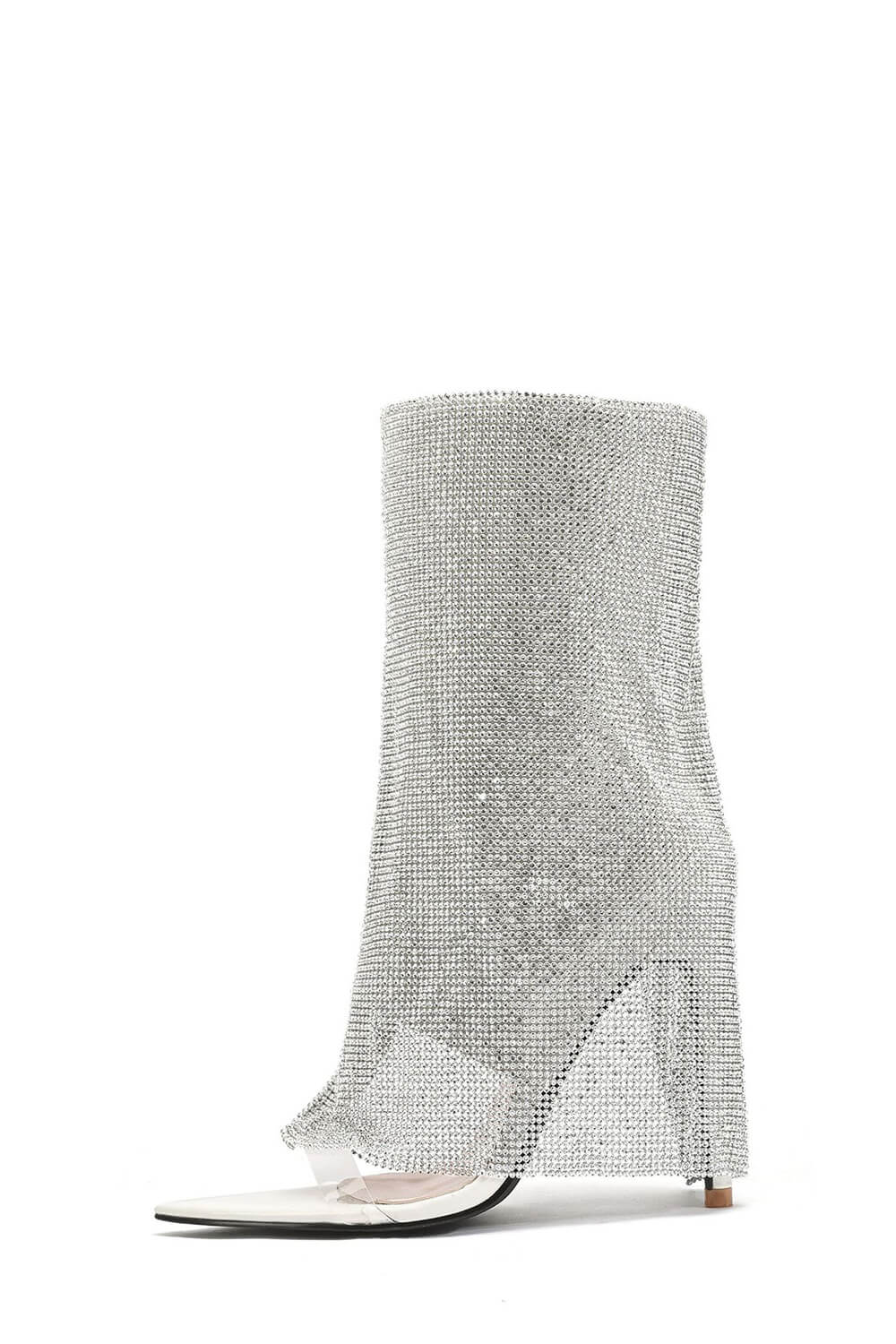 Rhinestone Mesh Overlay Open Pointed Toe Pvc Stiletto Boots - White