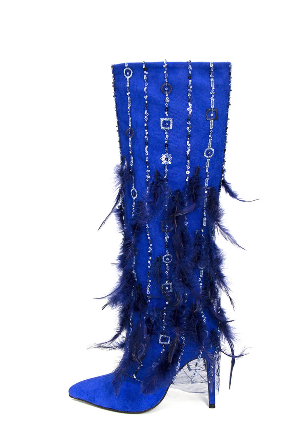 Sequins Embellished Feather Fringe Pointed Toe Knee High Stiletto Boots - Blue