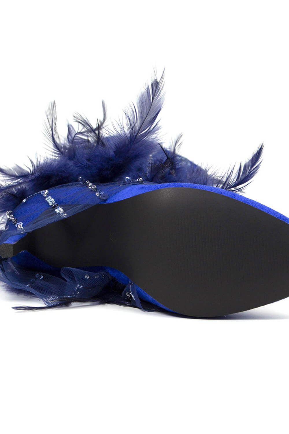 Sequins Embellished Feather Fringe Pointed Toe Knee High Stiletto Boots - Blue