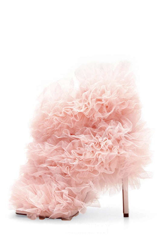 Tulle Square Peep Toe Stiletto Heeled Boots - Pink