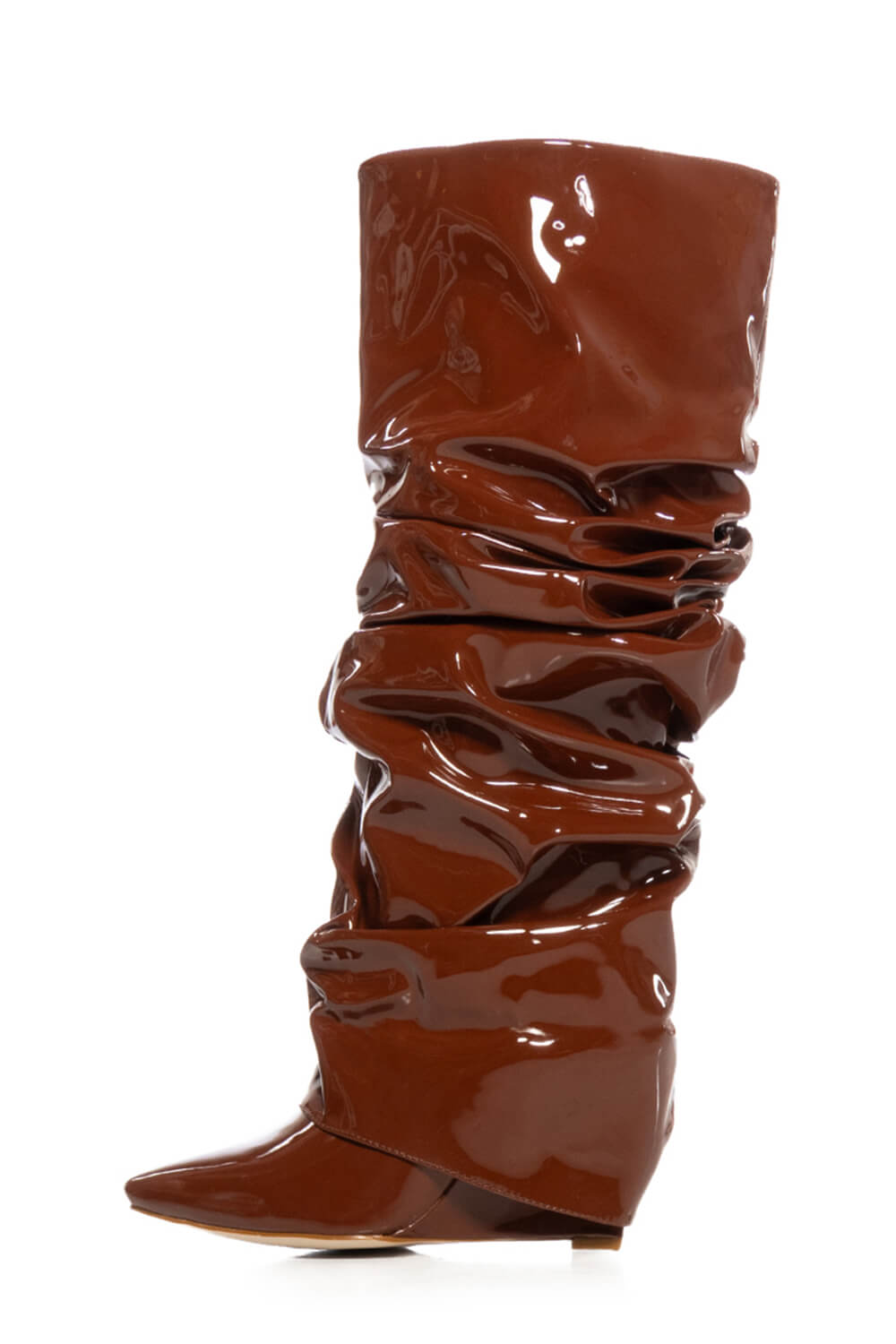 Patent Scrunched Foldover Mid Calf Wedge Heel Boots - Brown