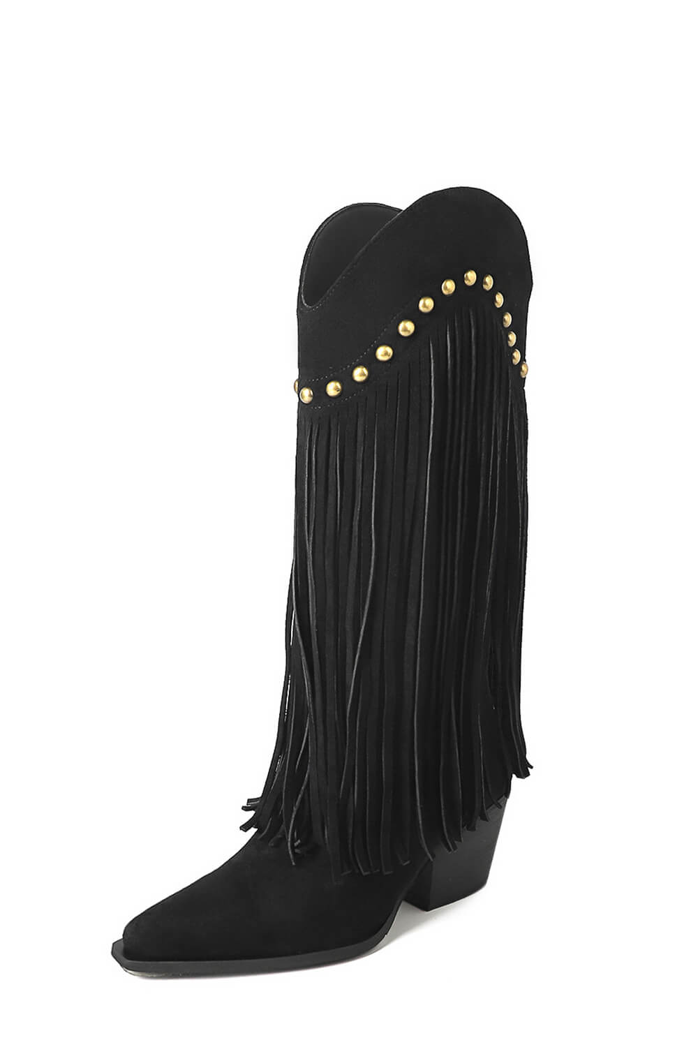 Faux Suede Pointed Toe Fringe Western Cowboy Mid-Calf Block Heeled Boots - Black