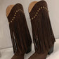 Faux Suede Pointed Toe Fringe Western Cowboy Mid-Calf Block Heeled Boots - Brown
