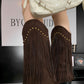 Faux Suede Pointed Toe Fringe Western Cowboy Mid-Calf Block Heeled Boots - Brown