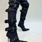 Multi Buckle Pointed Toe Thigh High Stiletto Heel Boots - Black