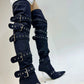 Multi Buckle Pointed Toe Thigh High Stiletto Heel Boots - Black