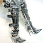 Multi Buckle Pointed Toe Thigh High Stiletto Heel Boots - Silver