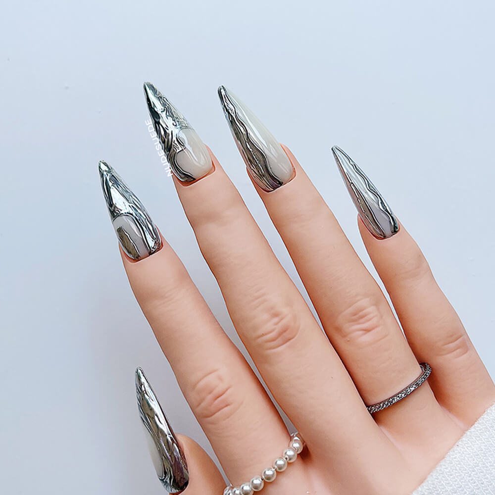 Silver Foil Long Stiletto Press On Nails