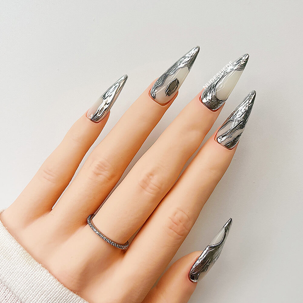 Silver Foil Long Stiletto Press On Nails