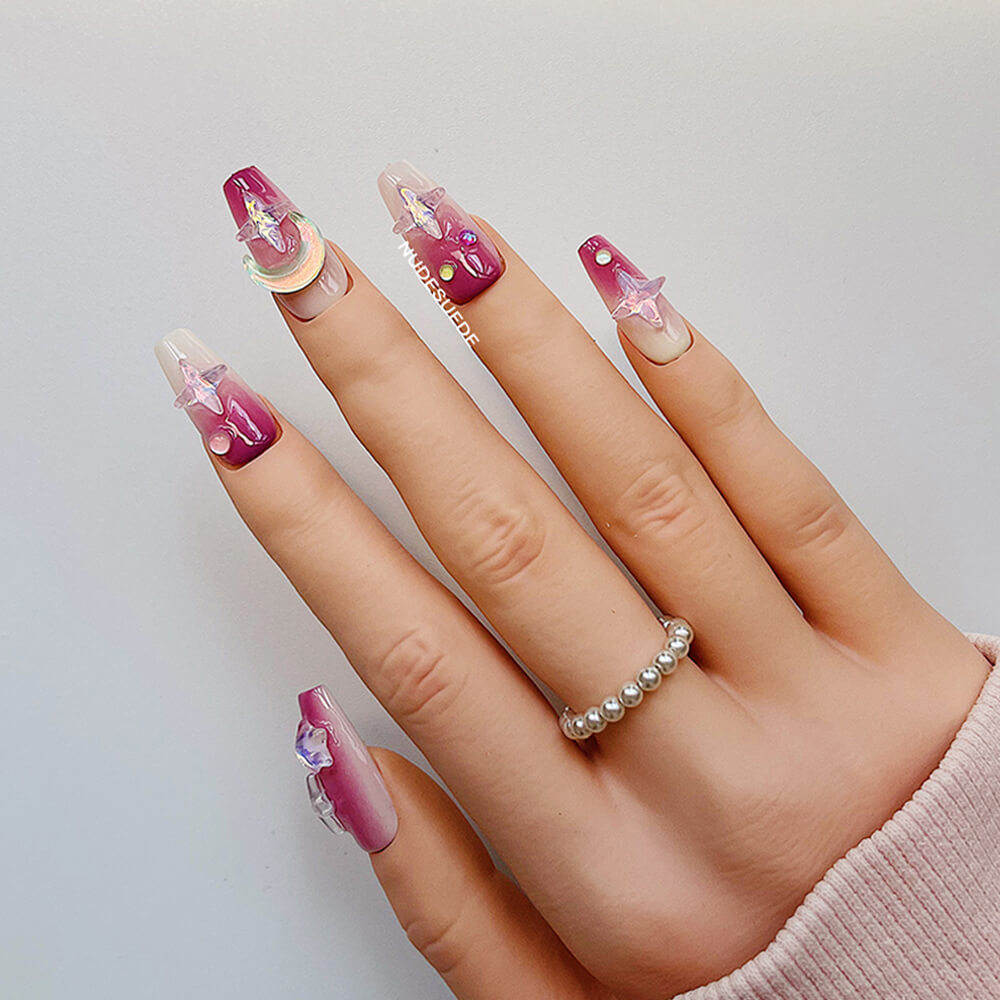 Ombre Star & Moon Mid Coffin Press On Nails