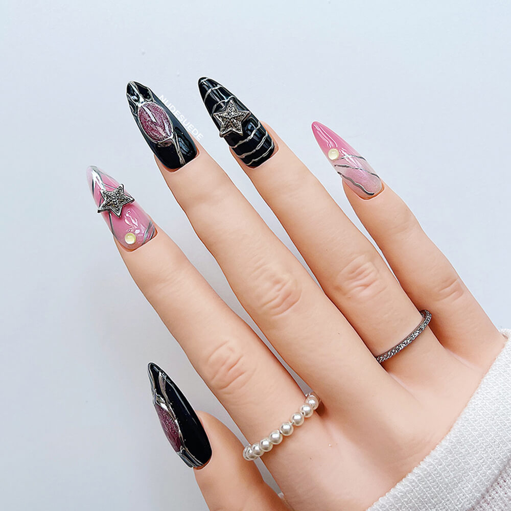 Black & Pink Long Almond Press On Nails