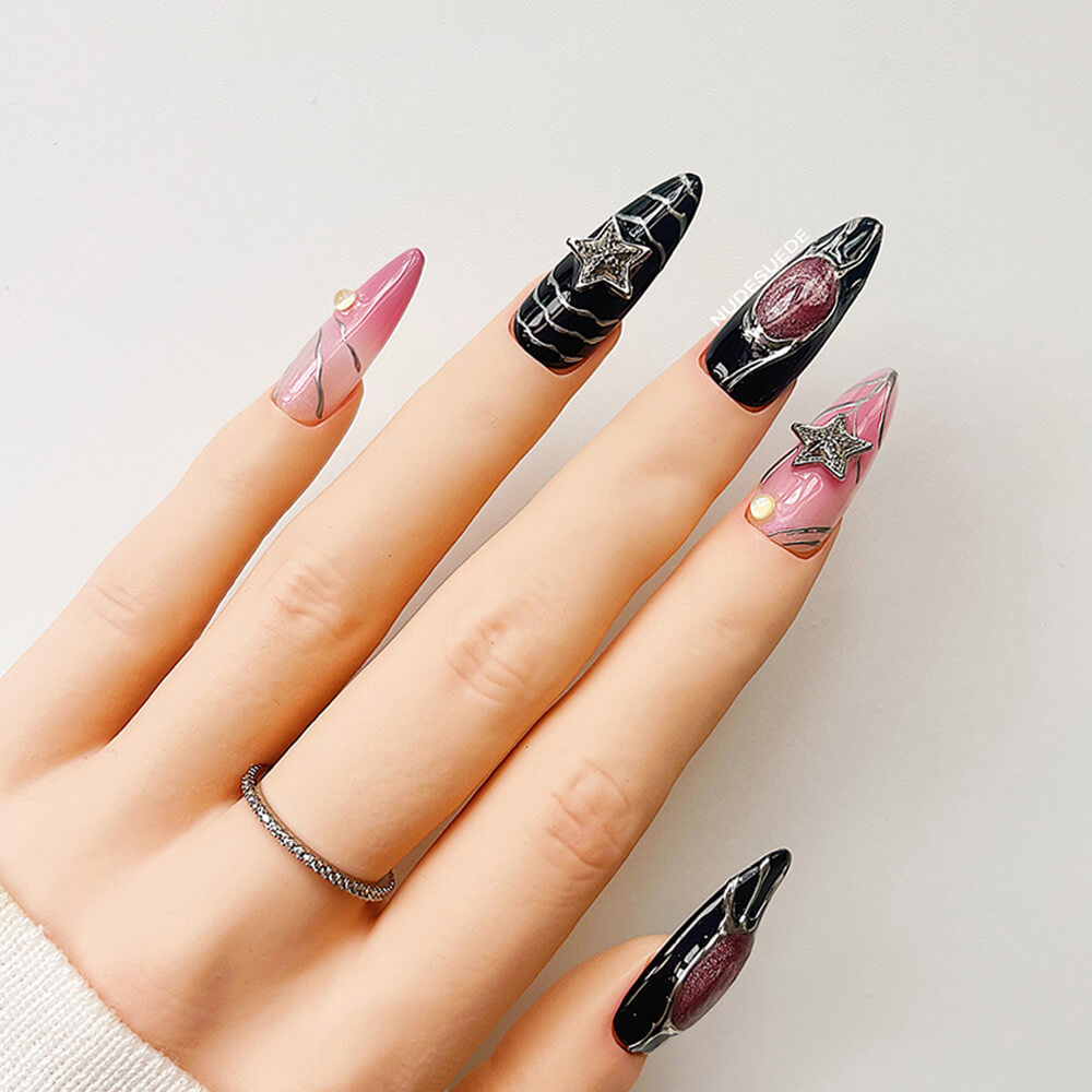 Black & Pink Long Almond Press On Nails