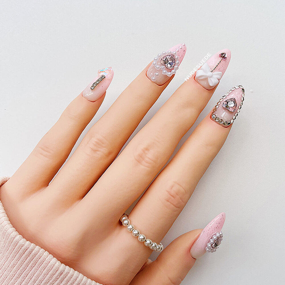 Ombre Butterfly & Heart Medium Almond Press On Nails With Rhinestones