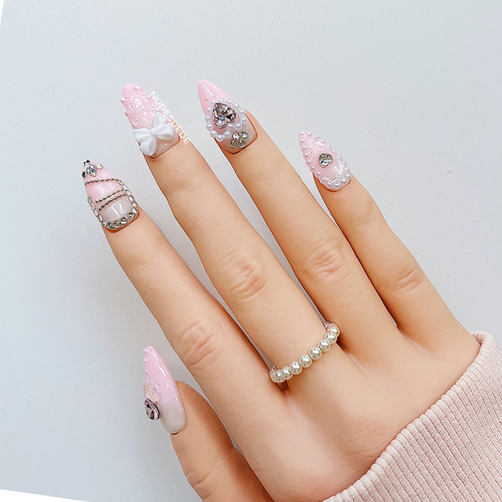 Ombre Butterfly & Heart Medium Almond Press On Nails With Rhinestones
