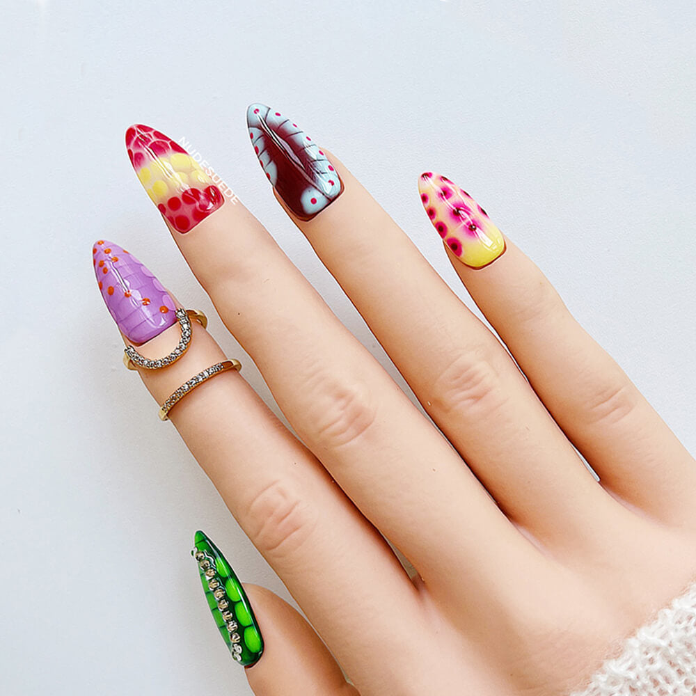 Snake Skin Medium Almond Press On Nails With Rhinestones