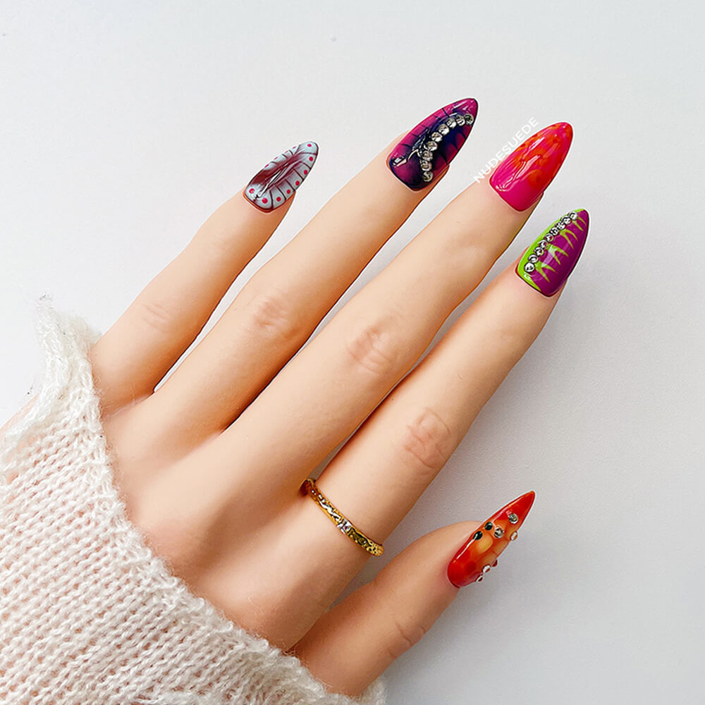 Snake Skin Medium Almond Press On Nails With Rhinestones